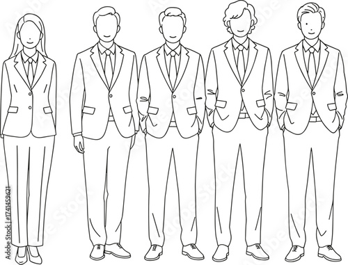 Business professionals illustration, group of people in suits, formal attire, office clothing, corporate style, workplace diversity, posture reference, fashion sketch