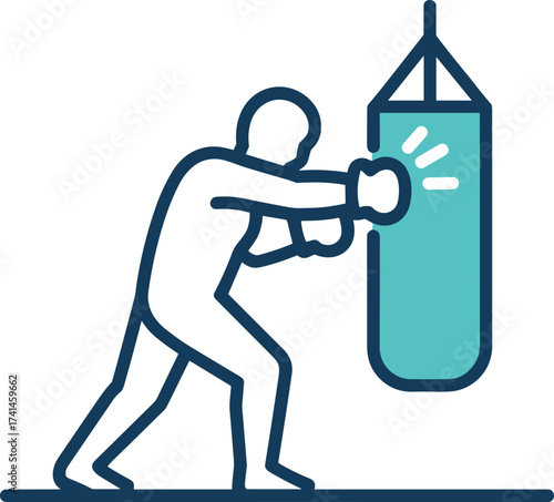 Stylized figure punching teal boxing bag dark blue outline person