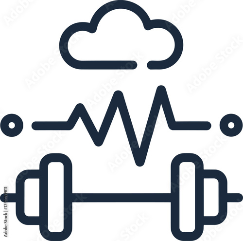 Dark blue line art icon of dumbbell heart rate and cloud weight fitness