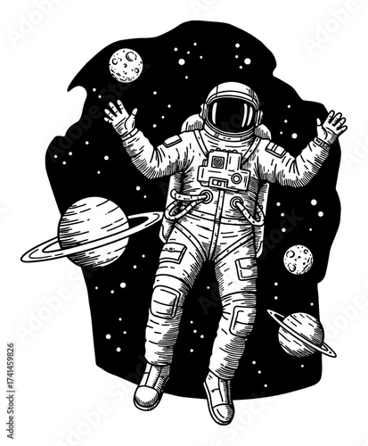 Astronaut Floating in Outer Space with Planets and Stars Detailed Black and White Outline Line Art Drawing