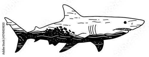 Shark Silhouette Double Exposure Underwater Landscape Seaweed Corals Black and White Outline Line Art Drawing