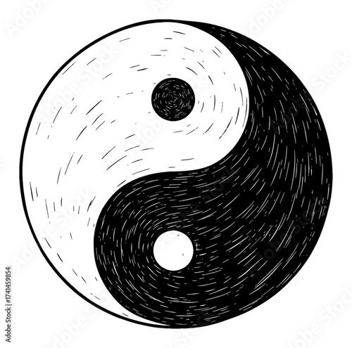 Detailed Grunge Yin Yang Symbol Black and White Outline Line Art Drawing Harmony Balance Duality Philosophy