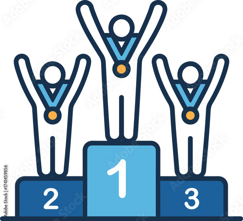 Three figures on a podium with medals celebrating victory celebration winner