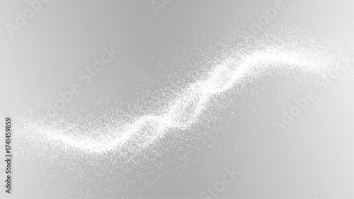 Abstract wave of shimmering white particles on a grey gradient background, ideal for modern websites, tech presentations, corporate brochures, and dig