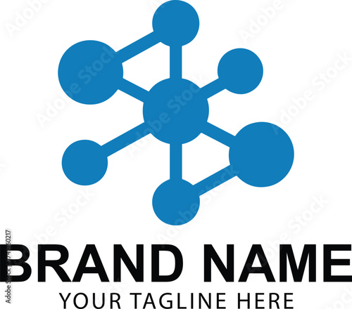 Blue molecular structure graphic with brand name text molecule network