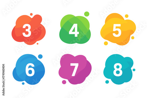 Set of colorful abstract liquid shapes with numbers 3 to 8. Infographic vector template for business presentation steps or progress options. Modern fluid gradient design elements.