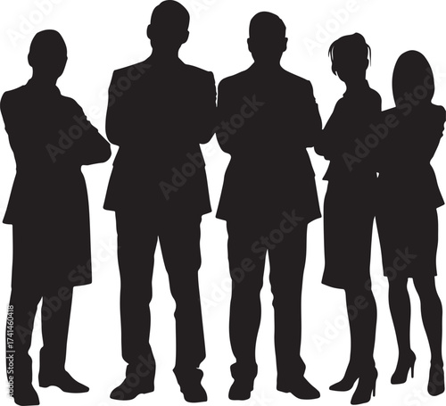 Silhouette of Five Business People Standing with Arms Crossed on a White Background Keywords: silhouette, business, people, group, man, woman, standing, arms crossed, professional, teamwork
