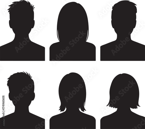 Six Black Silhouettes of Diverse Human Heads and Shoulders on a White Background Keywords: silhouette, head, shoulder, person, avatar, profile, icon, male, female, man, woman, user, portrait