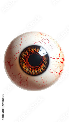 Close-up of a stylized eye, featuring visible blood vessels and a brown iris