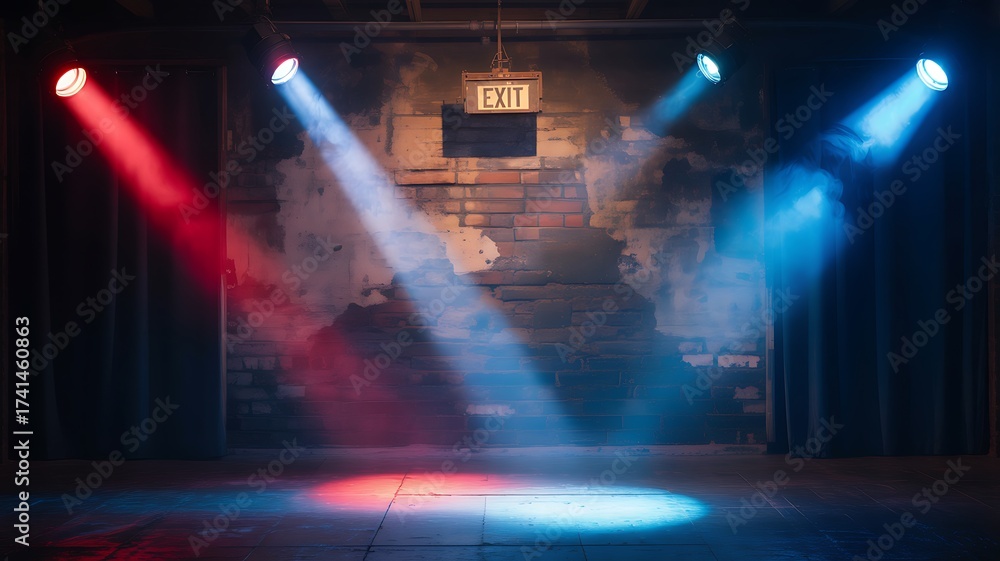 Fototapeta premium Stage with Red and Blue Spotlights and Exit Sign