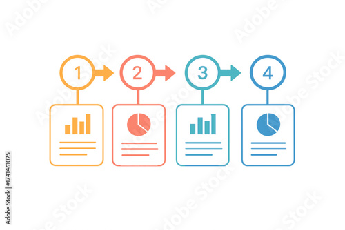 Infographic template with 4 steps. Business data visualization process chart. Modern timeline diagram for presentation. Workflow layout with colorful pie and bar graph icons. Vector.