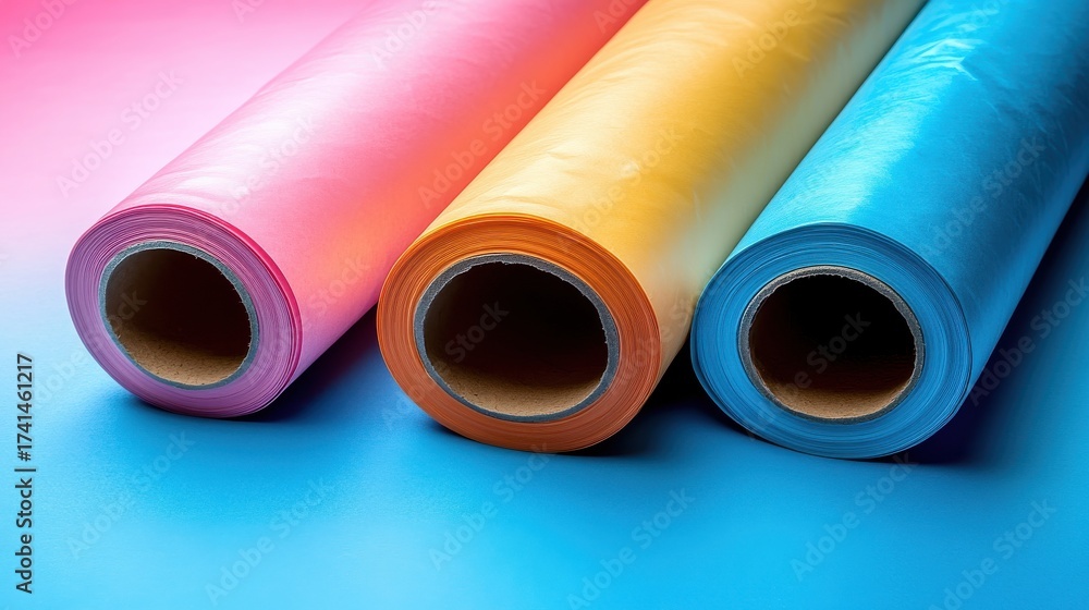 Fototapeta premium Vibrant Rolls of Colored Paper Against a Soft Gradient Background