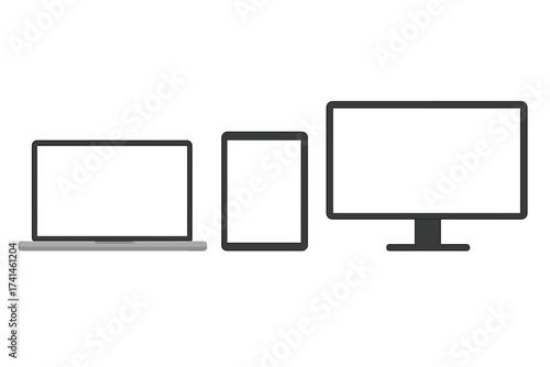 Digital device mockup set with laptop, tablet, computer monitor. Vector illustration of electronic gadgets with blank white screens for responsive design presentation.