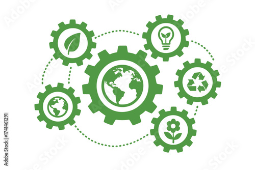 Ecology mechanism concept. Green business and sustainability. Connected gears with icons for eco friendly, energy, environment, recycle, bio and global conservation ideas.
