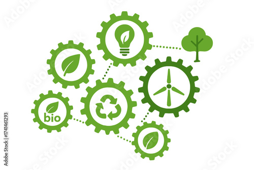 Ecology mechanism concept. Eco friendly system. Green energy, environment, recycle, bio, sustainability. Abstract background with connected gears and icons. Wind power innovation.