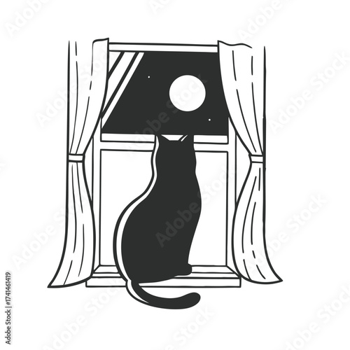 A black cat sits on a window sill looking at the moon