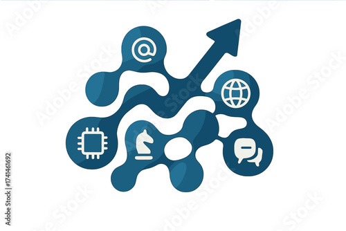 Digital business growth and strategy concept. Abstract vector background with connected icons for internet, network, communication, technology. Metaphor for success, development.