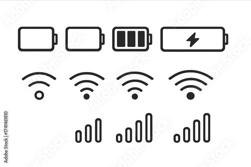 Mobile phone interface icons set. Vector status bar symbols. Battery power charge level, wifi signal and mobile network connection strength. UI UX flat design elements.