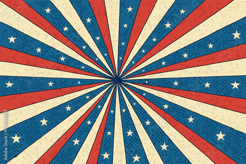 USA patriotic background with red and blue retro rays. American flag colors sunburst effect. Vintage comic pop art style with halftone texture and stars for Memorial Day.