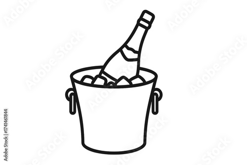 Champagne bottle in ice bucket line icon. Celebration party concept. Luxury alcohol drink for new year, wedding, anniversary. Chilled sparkling wine vector illustration.