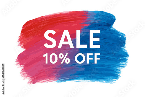 Bright red and blue acrylic paint brush stroke with bold white SALE 10% OFF text, abstract watercolor background perfect for shop discounts, sales banners, and promotions vector illustration