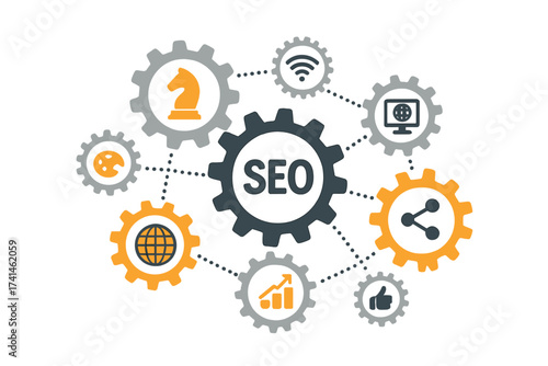 SEO mechanism concept with interconnected gears and icons for digital marketing strategy, internet network, analytics, social media, global connection, and online growth optimization