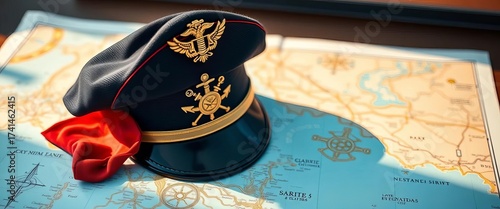 A ship's captain's hat and insignia on a nautical chart, exploration, ocean