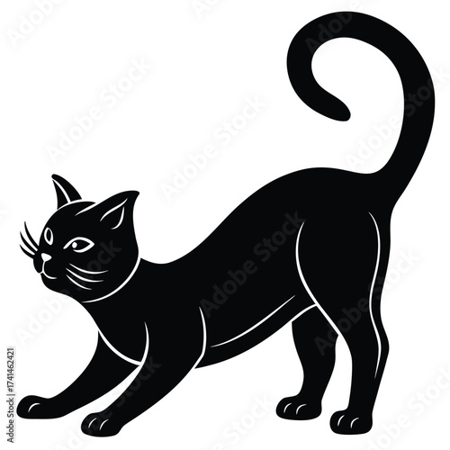 Black cat stretching its body, with curled tail