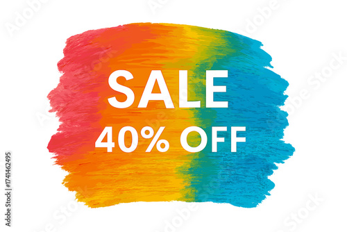 Vibrant sale 40% off sign over colorful art brush acrylic stroke paint abstract texture background vector illustration. Perfect watercolor design for shop discounts and promotional banners.