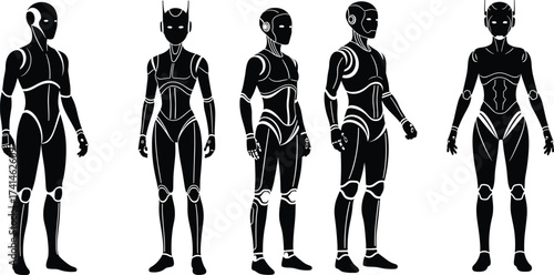 Black and white robot illustration, futuristic androids, humanoid machines, artificial intelligence, sci-fi character design, robotics, technology concept