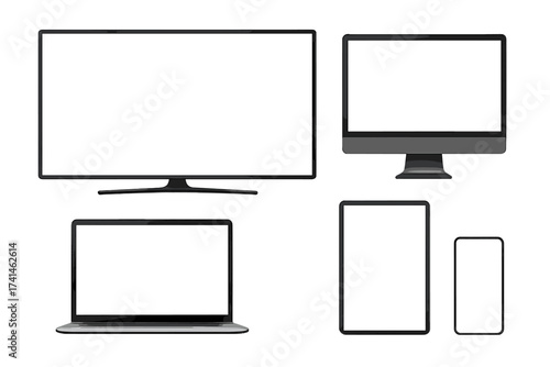 Realistic set of modern electronic devices with empty white screens including TV, LED, LCD, computer monitor, laptop, tablet, and smartphone isolated on white background
