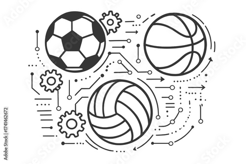 Sport mechanism concept with football, basketball, volleyball balls. Abstract interconnected objects background. Vector illustration with sports gear and dynamic lines, technology-inspired design