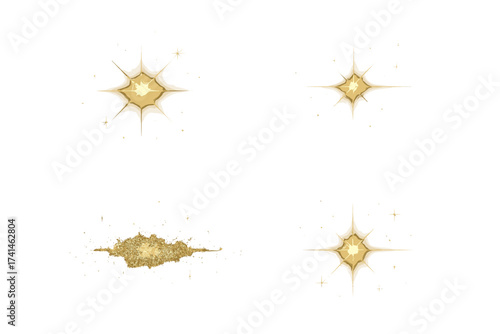 Gold glitter star burst glow light effect with sparkling stars, transparent background. Shiny festive sparkle vector illustration, celebration, magic, glamorous design elements set
