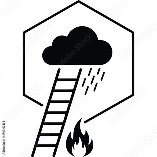 Ladder between rain cloud and fire in hexagon outline weather element concept illustration symbol icon black white contrast opposing