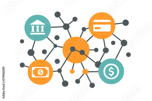 Abstract travel mechanism with interconnected circles and financial icons, flat vector illustration showing money, credit cards, bank symbols, network connections, interactive finance design