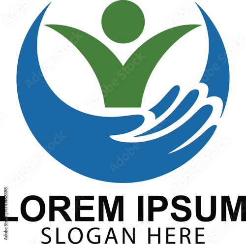 Blue hand cradling green human figure logo vector