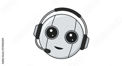 Cute Robot Head with Headset Cartoon Style Friendly Expression Digital Illustration.