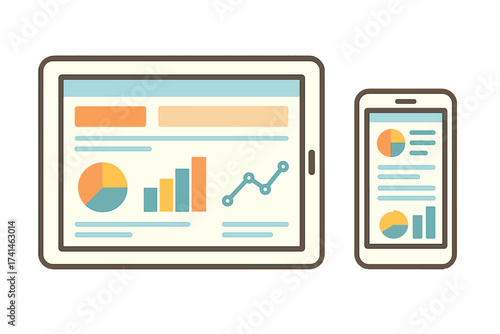 Flat vector illustration of user interface on digital tablet and mobile devices with simplistic infographic charts and web page design elements, isolated on white background