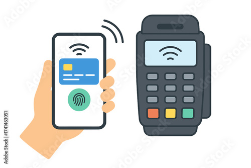 Wireless payment with mobile phone and terminal illustration, flat style smartphone in hand showing credit card and fingerprint for secure contactless transaction, successful digital payment concept