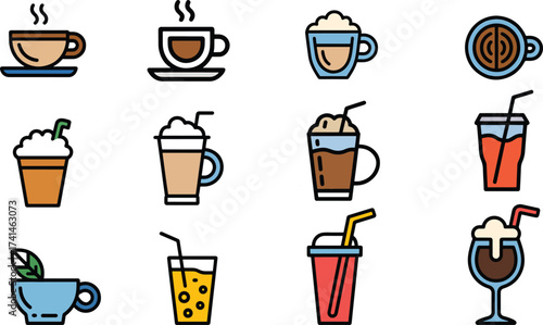 Coffee flat Illustration Icons set, drink Vector Art Illustration Clipart. set of food Illustration bundle	
