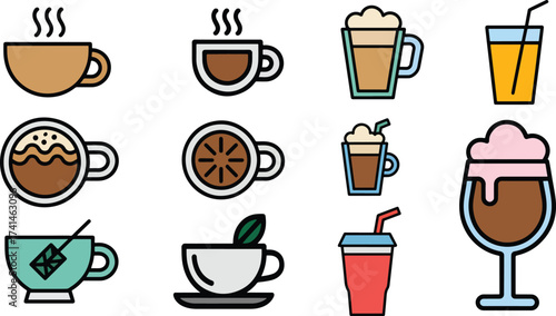 Coffee flat Illustration Icons set, drink Vector Art Illustration Clipart. set of food Illustration bundle	
