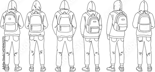 Back view people in hoodies, backpacks, casual clothing, group standing, anonymity concept, fashion illustration, uniform style, social behavior, posture reference
