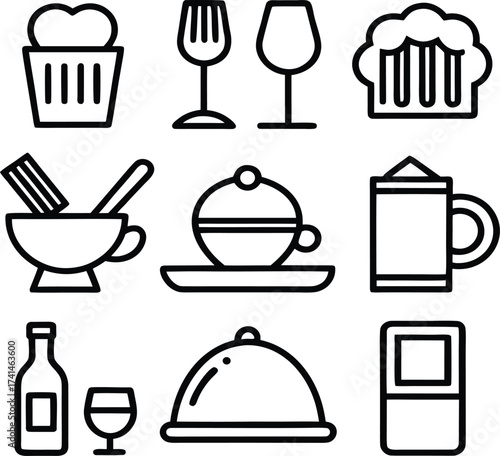 Collection of food and beverage icons for menus restaurants bars and cafes including drinks dishes and serving ware perfect for graphic design.