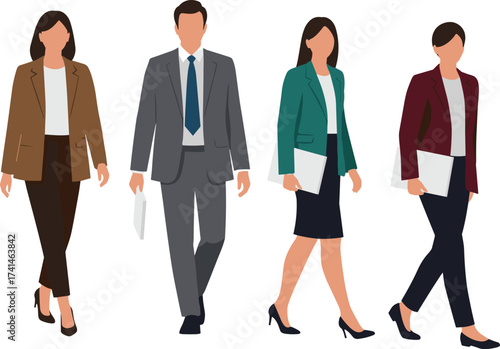 Business professionals walking forward, corporate attire, men and women in blazers, office clothing, teamwork concept, workplace diversity, professional style, career illustration