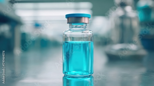 Clear glass vial with bright blue liquid in laboratory setting