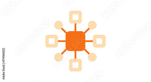 Abstract orange network hub and connected nodes icon.