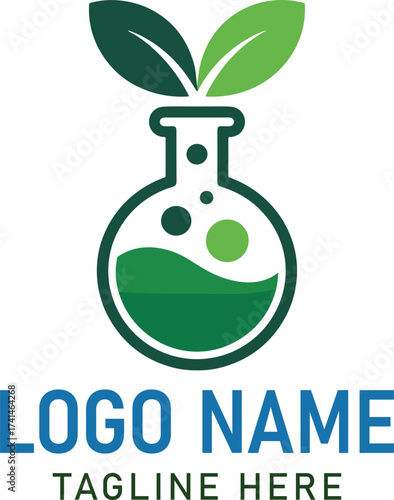 Green leaves growing from laboratory flask with blue text science beaker