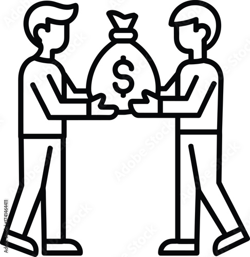 Two people exchanging a money bag with dollar sign exchange transfer