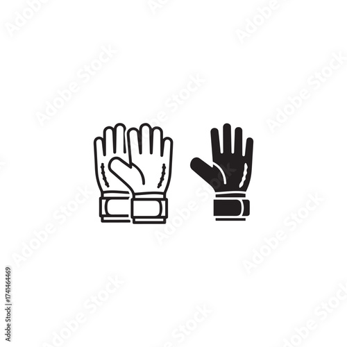 Pair of goalkeeper gloves one line art outline and one solid silhouette icon