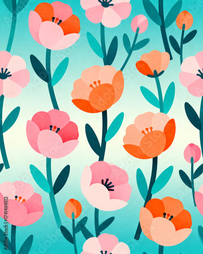 Wallpaper Mural A whimsical floral pattern featuring pink and orange flowers with teal stems on a gradient background Torontodigital.ca